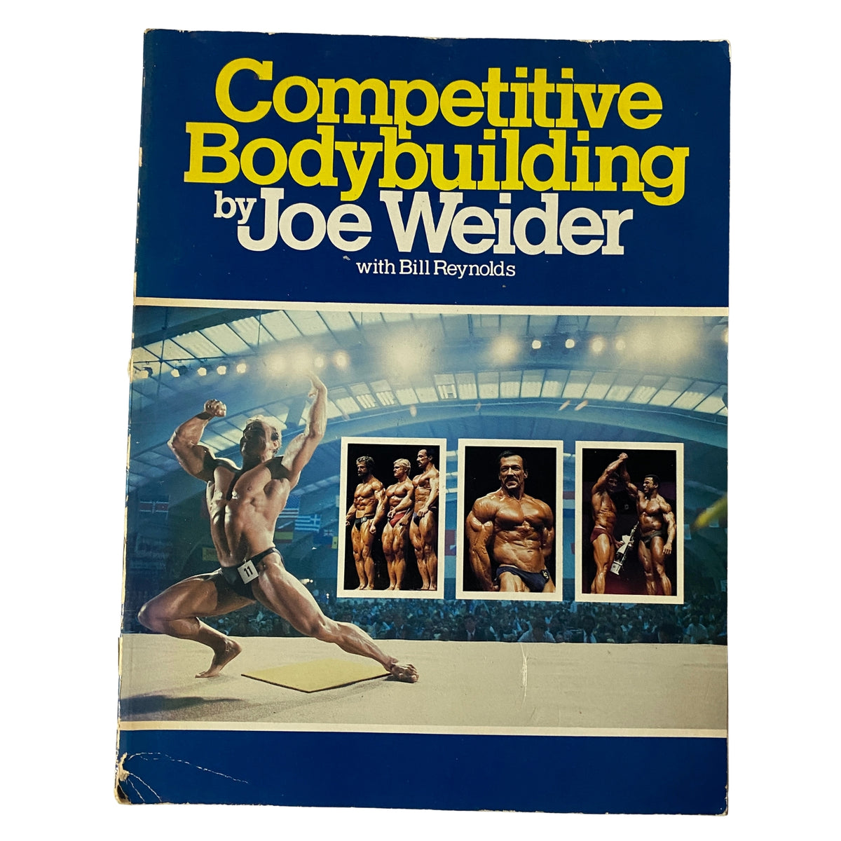 Cover of the book 'Competitive Bodybuilding by Joe Weider with Bill Reynolds' featuring an illustrated bodybuilder posing, showcasing classic bodybuilding techniques and images of competitors.