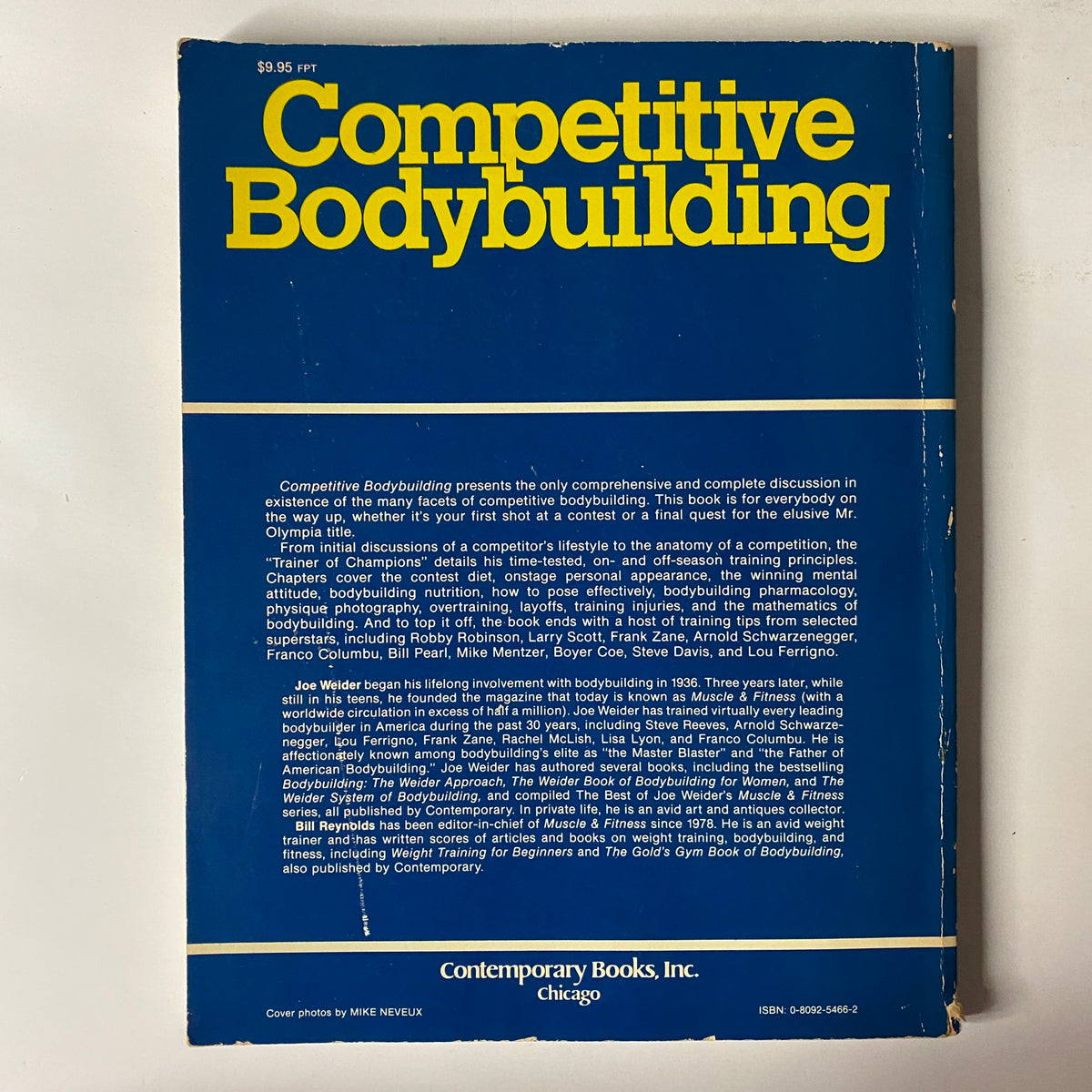 Back cover of the 1984 Competitive Bodybuilding book, showcasing its title and summary, published by Contemporary Books.