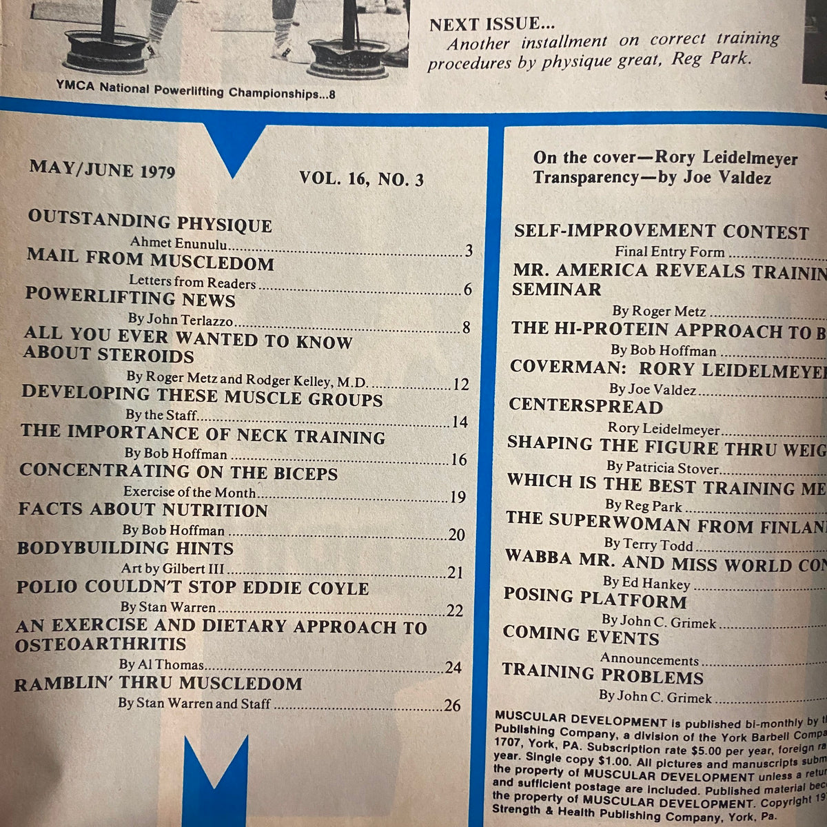 Table of Contents from the May 1979 issue of Muscular Development, listing articles including Outstanding Physique and various fitness topics.