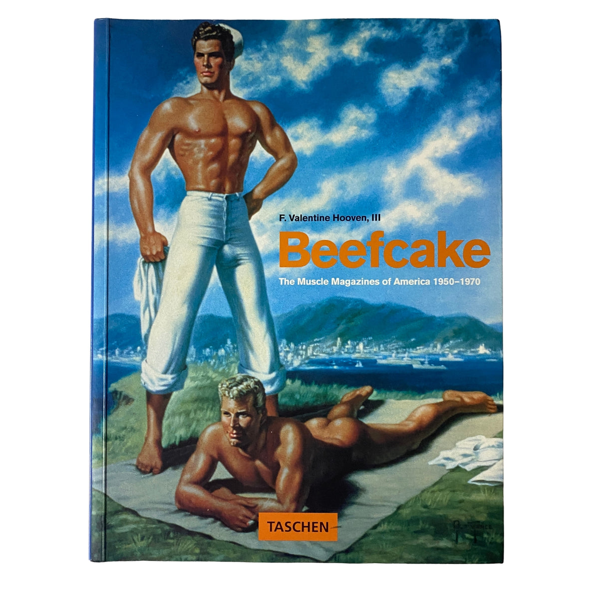 Cover of 'Beefcake: The Muscle Magazines of America, 1950–1970' by F. Valentine Hooven III featuring illustrated muscular men.