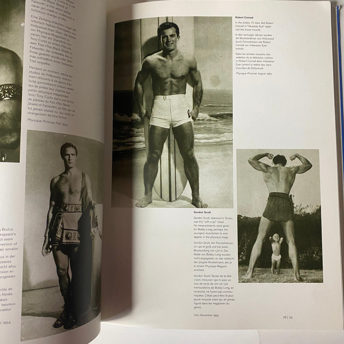 Interior page from 'Beefcake: The Muscle Magazines of America, 1950–1970' showcasing historical photographs of physique athletes, featuring Robert Conrad and Gordon Scott.