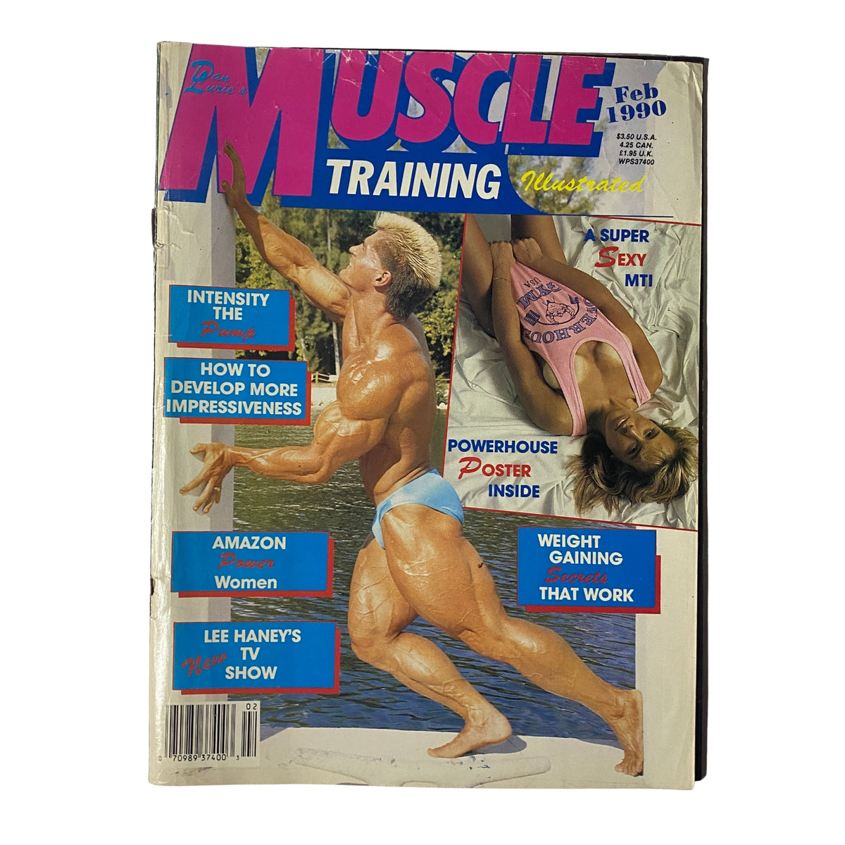 Cover of Muscle Training Illustrated, February 1990, featuring Randy Heim and Lauren Elliot with a centerfold, emphasizing bodybuilding insights, training tips, and iconic fitness culture of the 1990s.