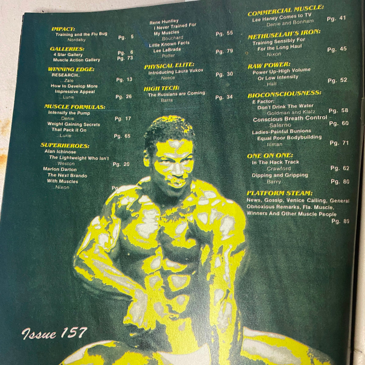 Table of contents from Muscle Training Illustrated, February 1990, listing articles on training, bodybuilding profiles, and fitness advice, showcasing notable figures like Lee Haney and highlighting classic muscle training content.