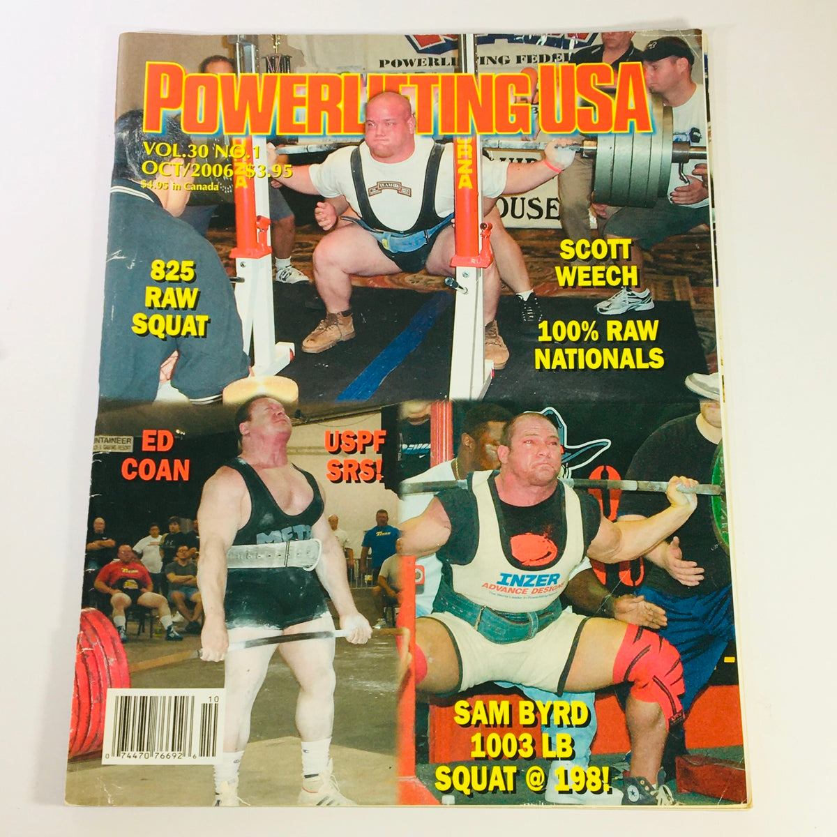 Cover of Powerlifting USA October 2006 Vol 30 #1 featuring Scott Weech, Ed Coan, and Sam Byrd showcasing powerlifting competitions with detailed imagery of their performances.