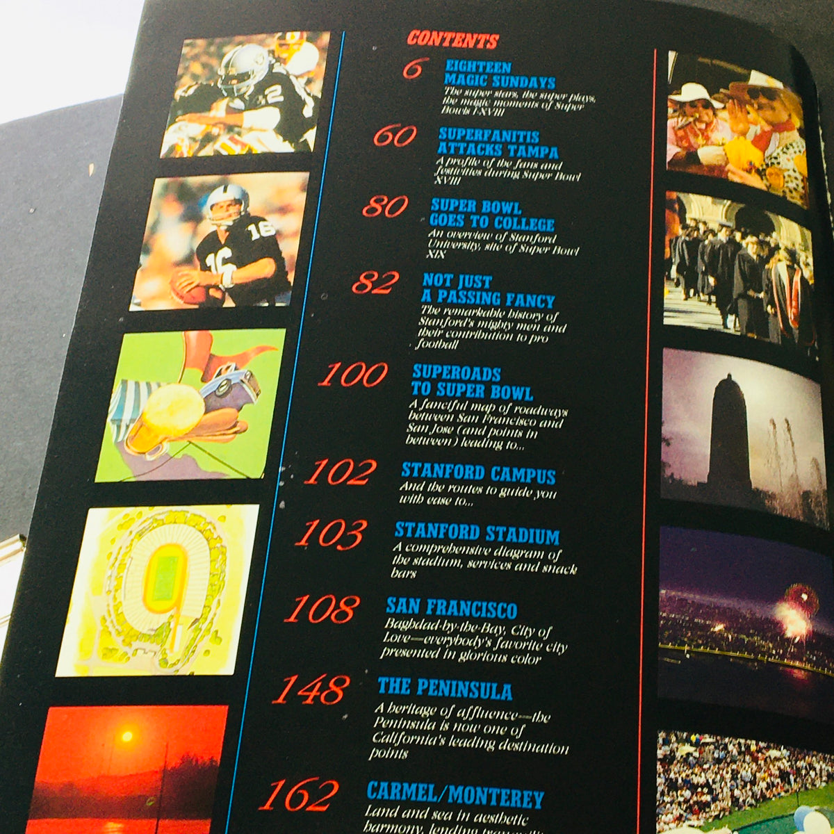Table of contents from the VTG 1984 Official Super Bowl XIX Scenic Guide to San Francisco Bay, featuring sections on the Super Bowl, Stanford, and San Francisco.