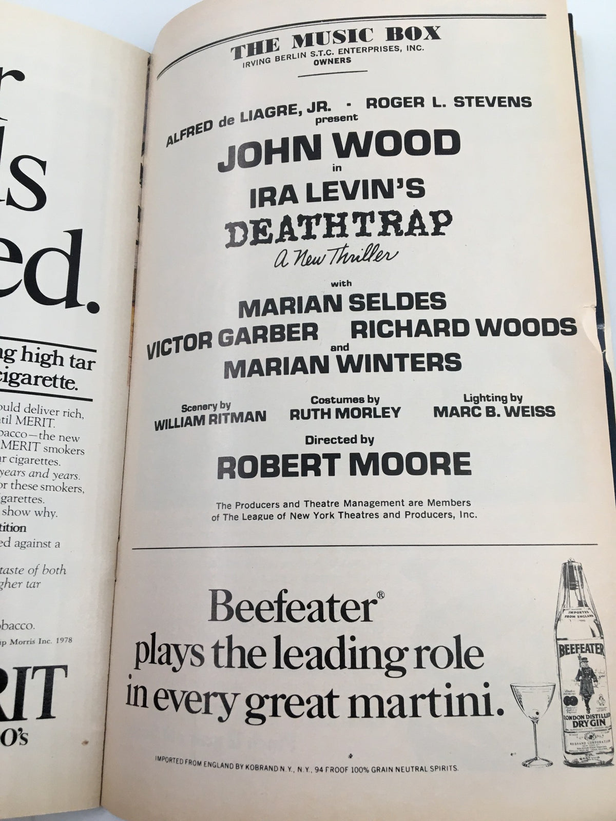 Another inside page of the 1978 Playbill for Deathtrap, featuring cast listings including John Wood and Marian Selders, emphasizing the production's significance.