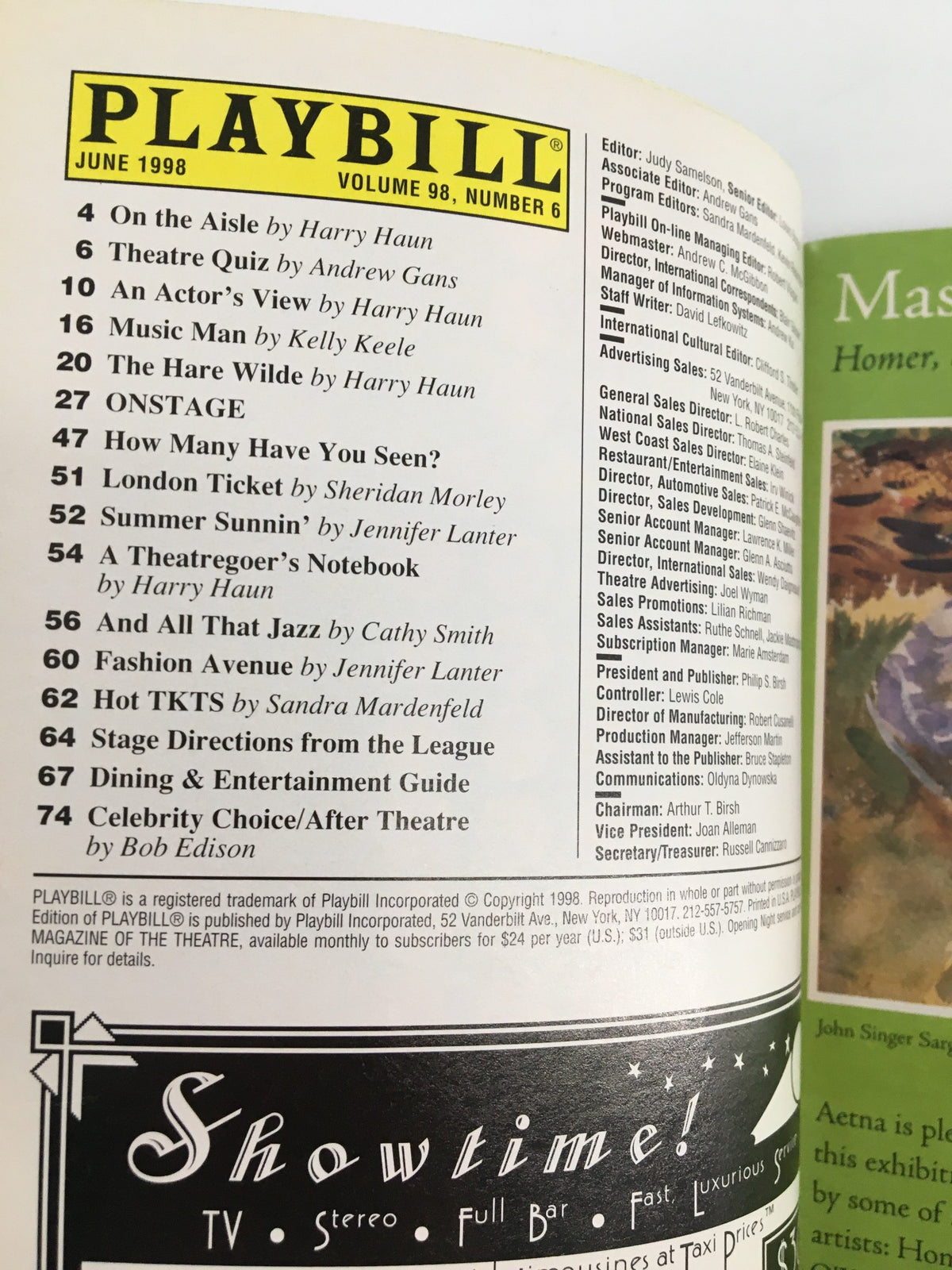 Inside page of the 1998 Playbill from the Manhattan Theatre Club featuring Labor Day, listing various articles and content relevant to the theater production.