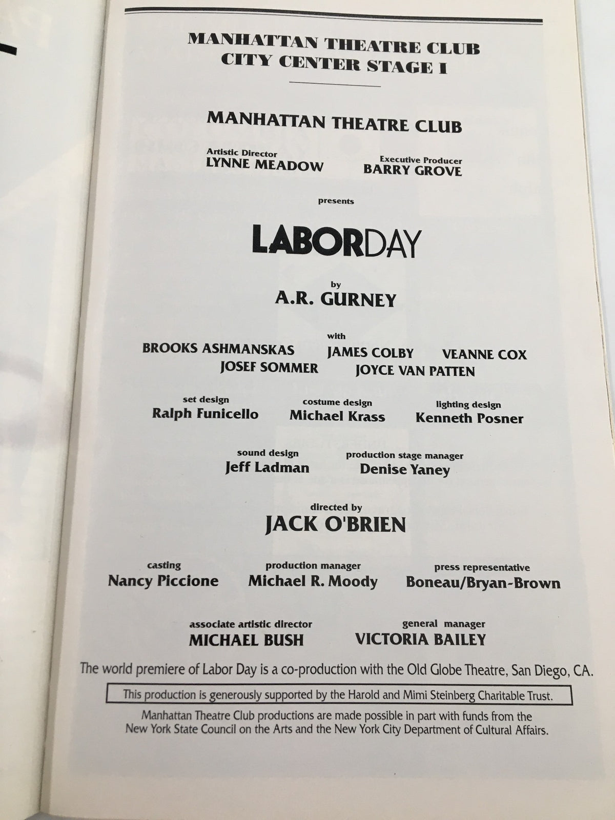 1998 Playbill for Labor Day at Manhattan Theatre Club, featuring cast names including Brooks Ashmanskas, Josef Sommer, and Joyce Van Patten, with details about the production and artistic team.