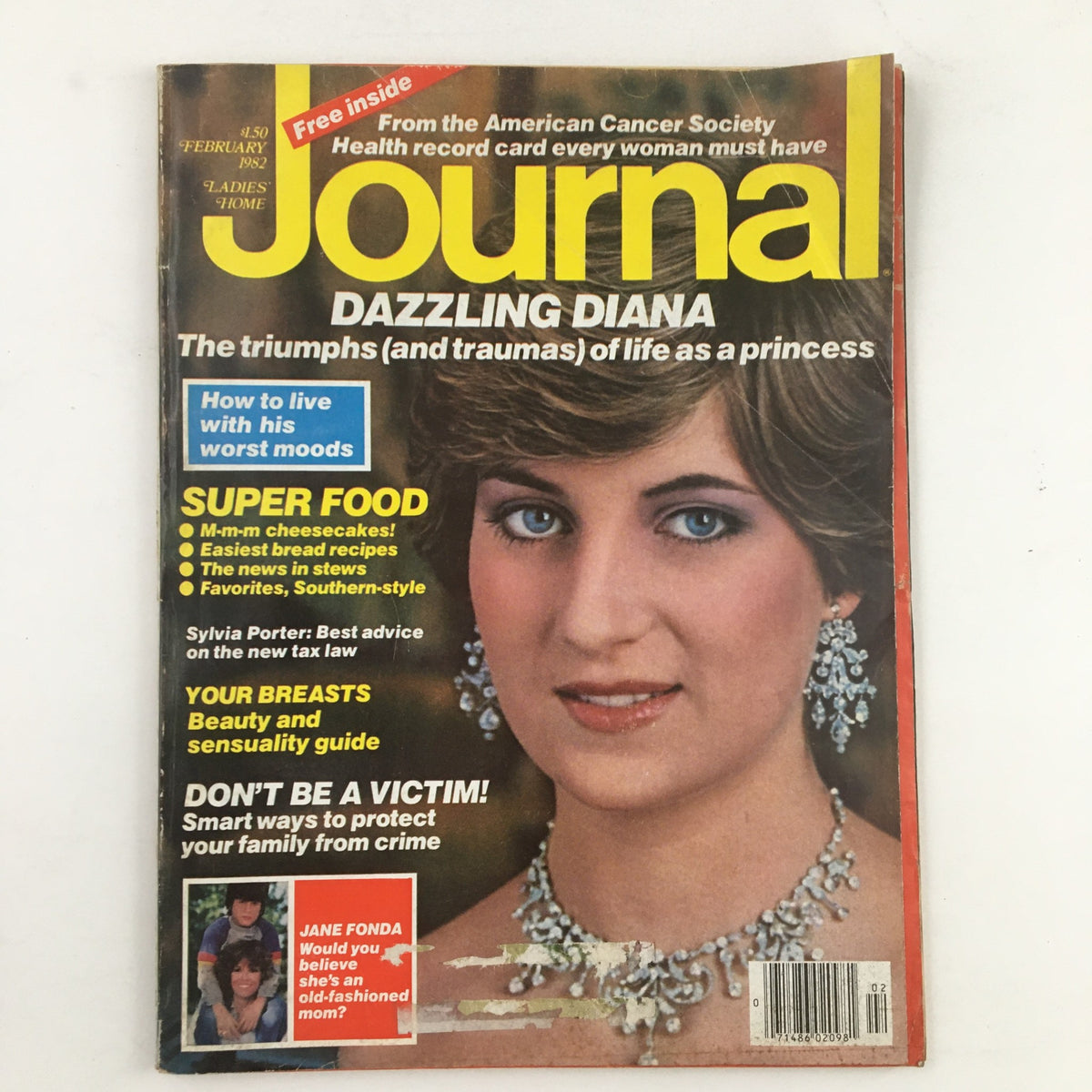 Cover of Ladies' Home Journal Magazine February 1982 featuring Dazzling Princess Diana, showcasing an elegant portrait of Diana with earrings and necklace, alongside articles on food, health, and beauty.