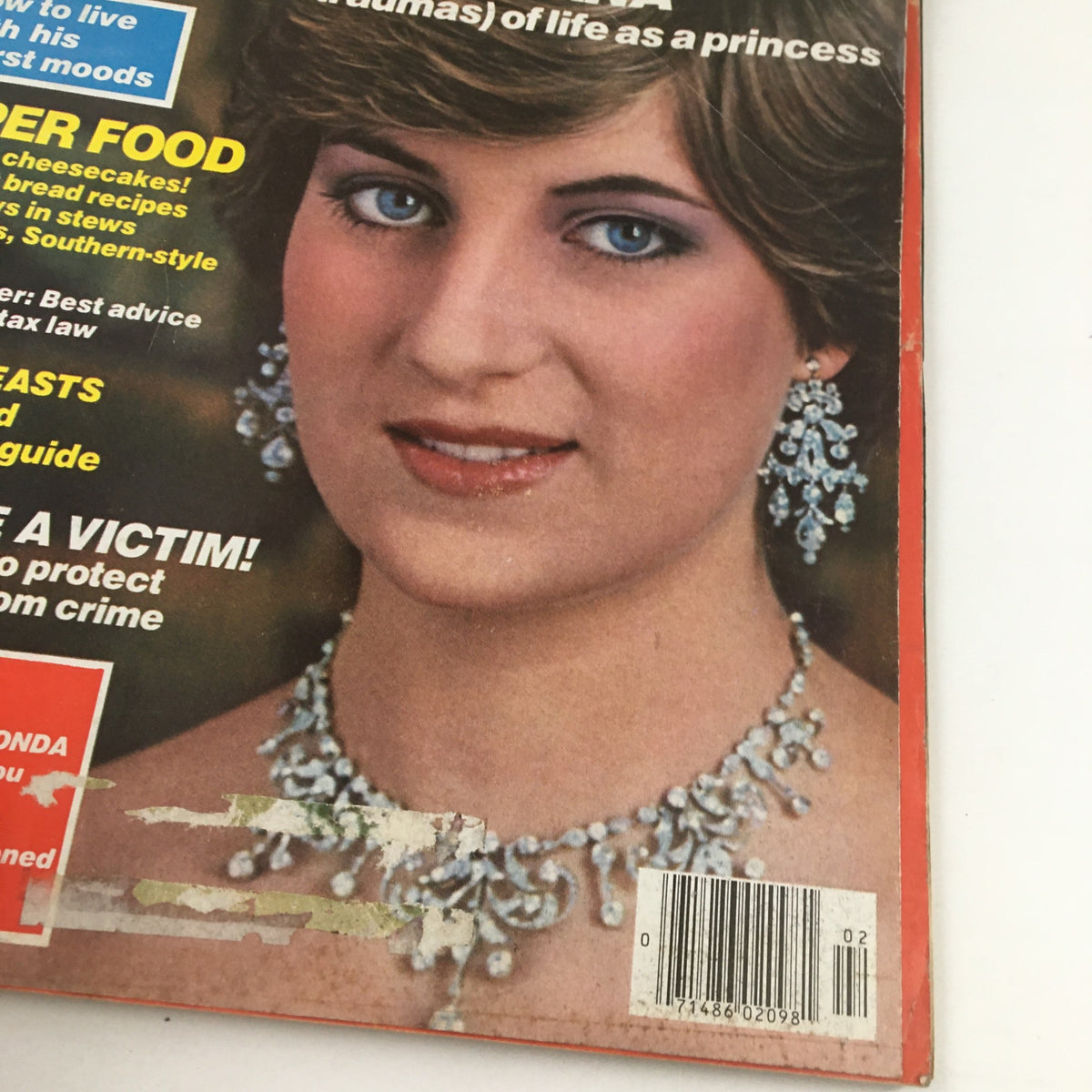 Back cover of Ladies' Home Journal Magazine February 1982 displaying Princess Diana's portrait, adorned with sparkling jewelry, illustrating beauty and style associated with her royal persona.