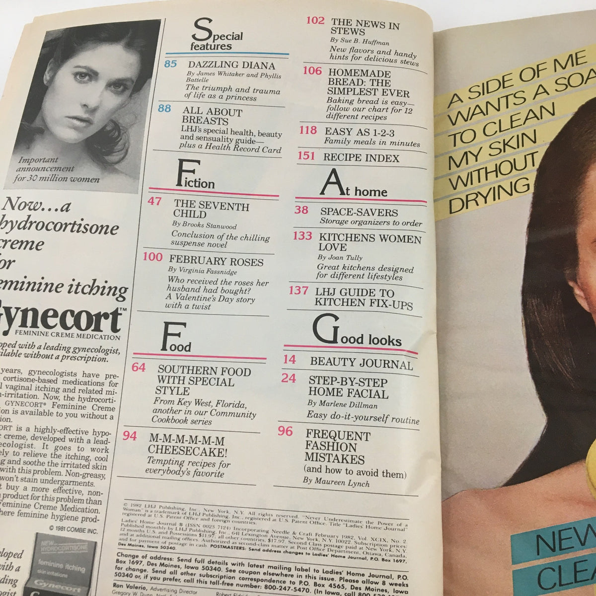 Table of contents from Ladies' Home Journal Magazine February 1982, highlighting articles including 'Dazzling Diana' and various lifestyle topics reflective of the 1980s era.