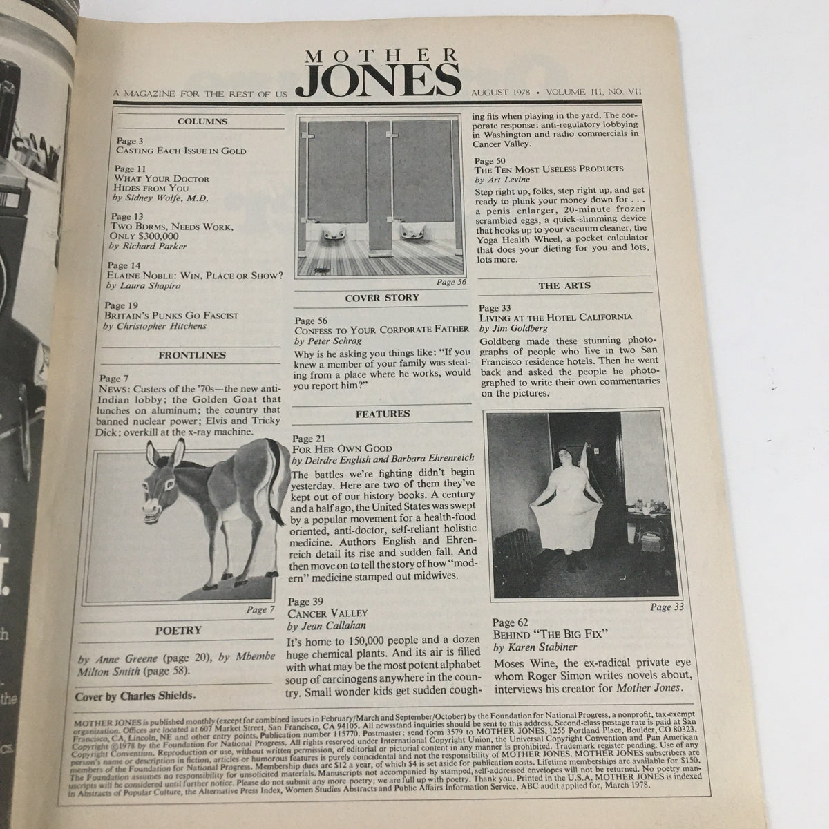 Inside page of the Mother Jones Magazine August 1978, showing the table of contents and article listings, including the cover story "Copping to Jack & Pot Smoking Detective".