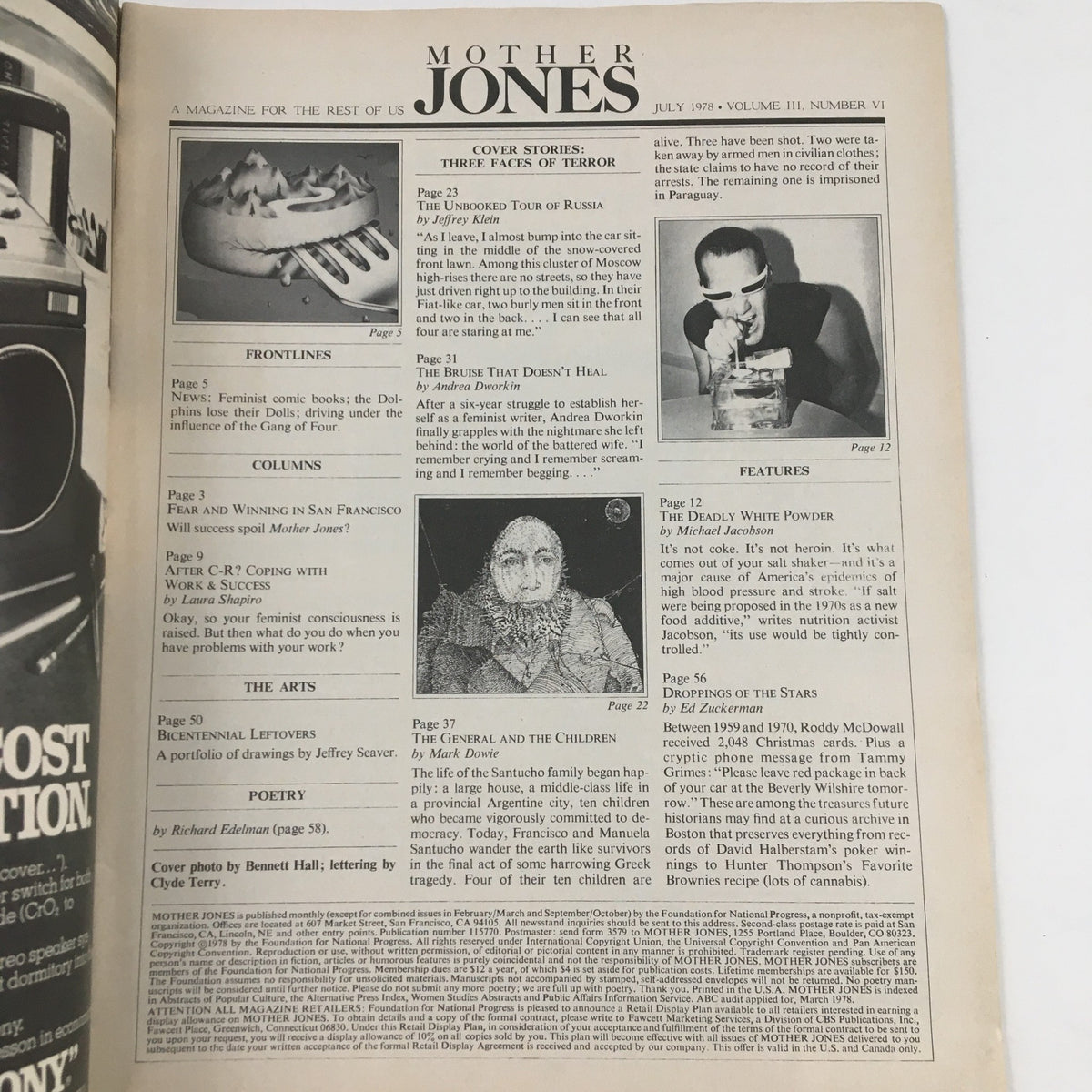 Mother Jones Magazine July 1978, featuring articles on topics such as 'The Unlocked Tour of Russia,' 'The Bubble That Doesn’t Heal,' and other significant events. The magazine cover and contents page showcase key stories of the era.