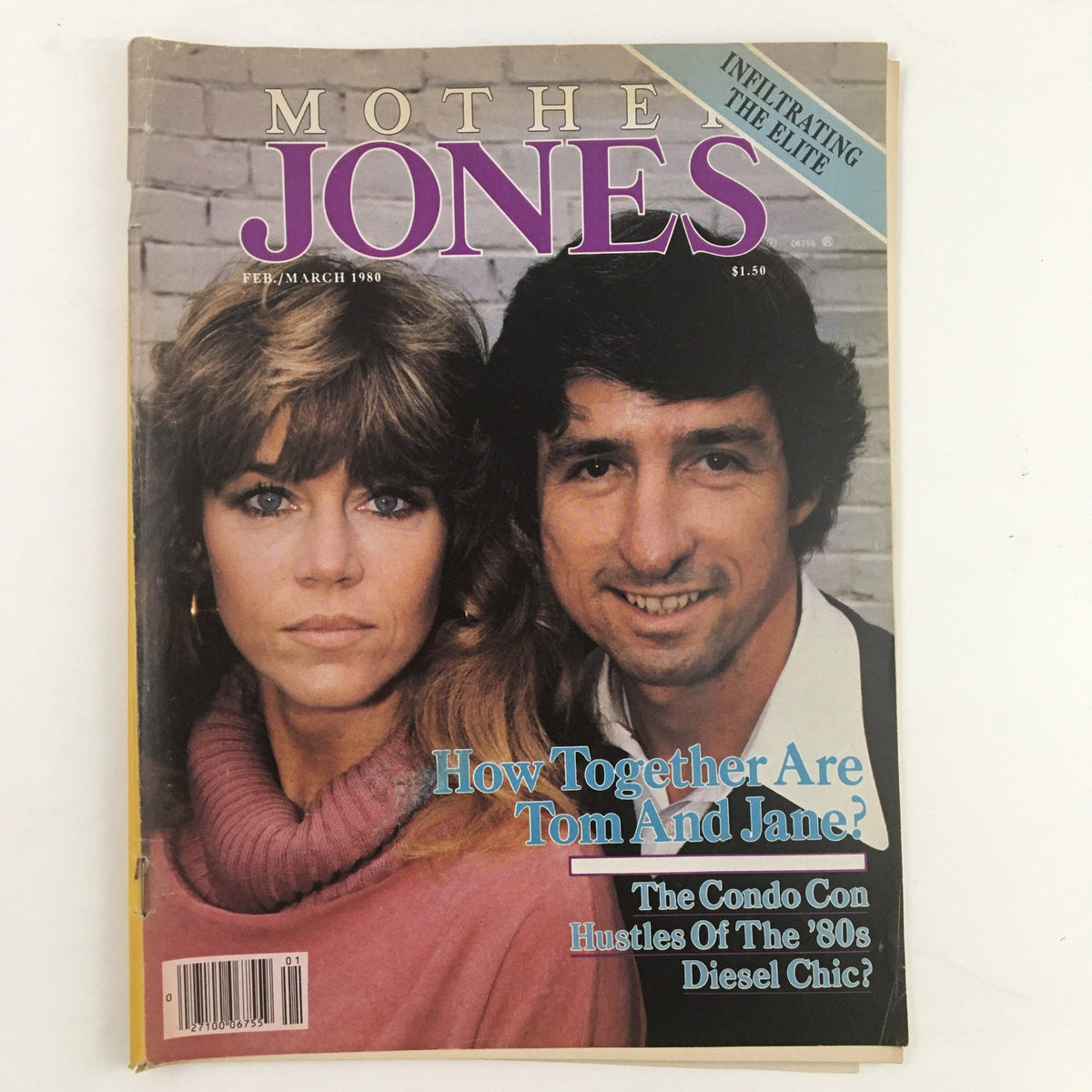 Cover of Mother Jones Magazine February 1980 featuring Tom Hayden and Jane Fonda, with the headline 'How Together Are Tom And Jane?' illustrating the intersection of political activism and celebrity culture in the late 20th century.