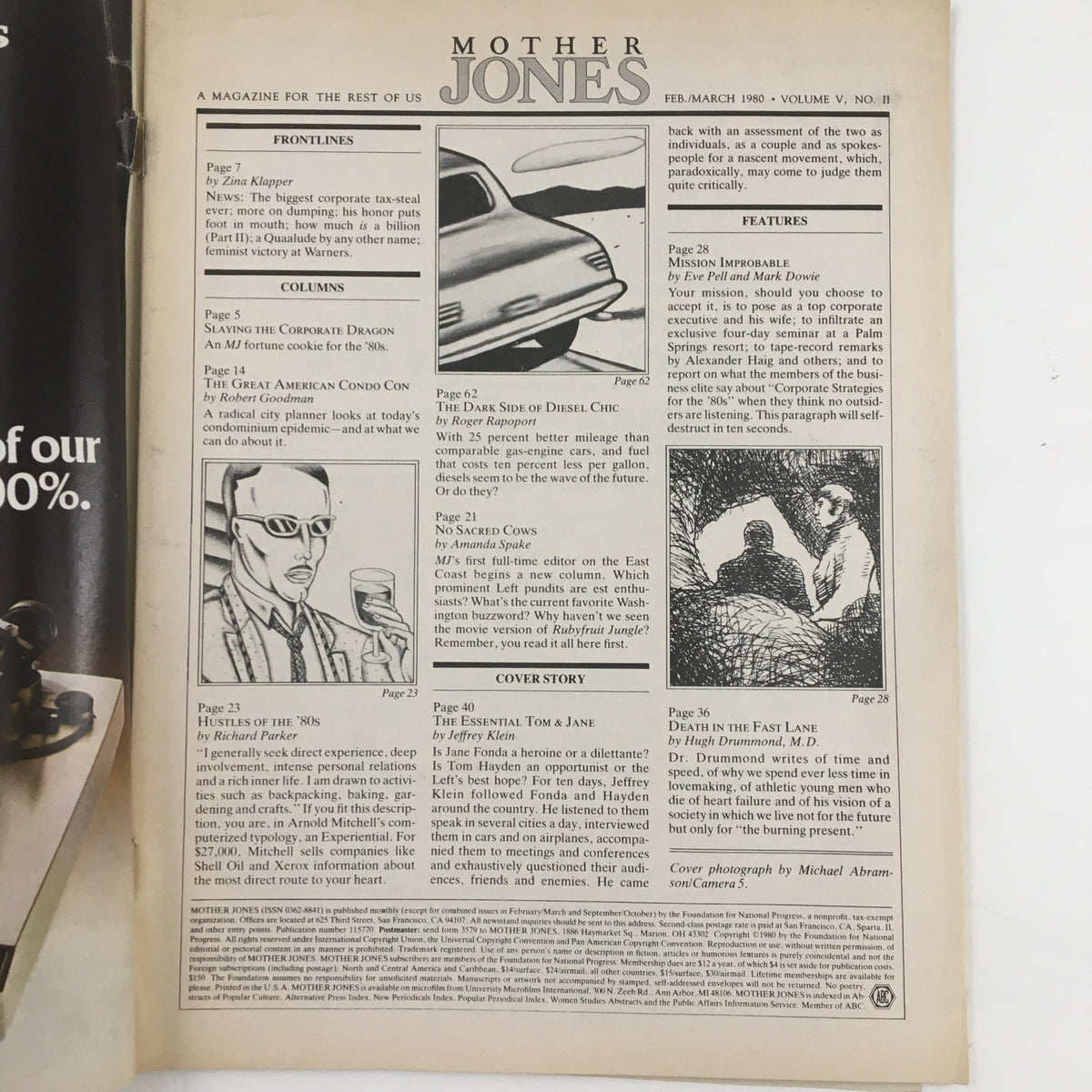 Mother Jones Magazine February 1980 interior page featuring the contents and notable articles, showcasing political commentary and cultural reflections from the late 20th century.