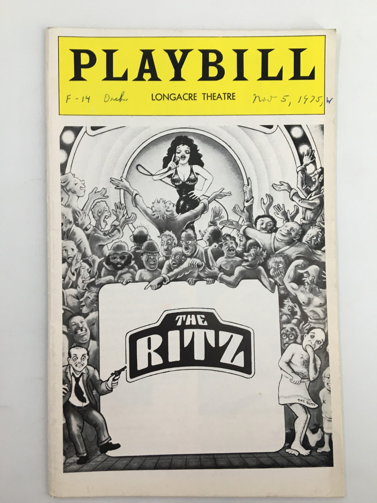 1975 Playbill for The Ritz at Longacre Theatre featuring artwork and vibrant yellow header.