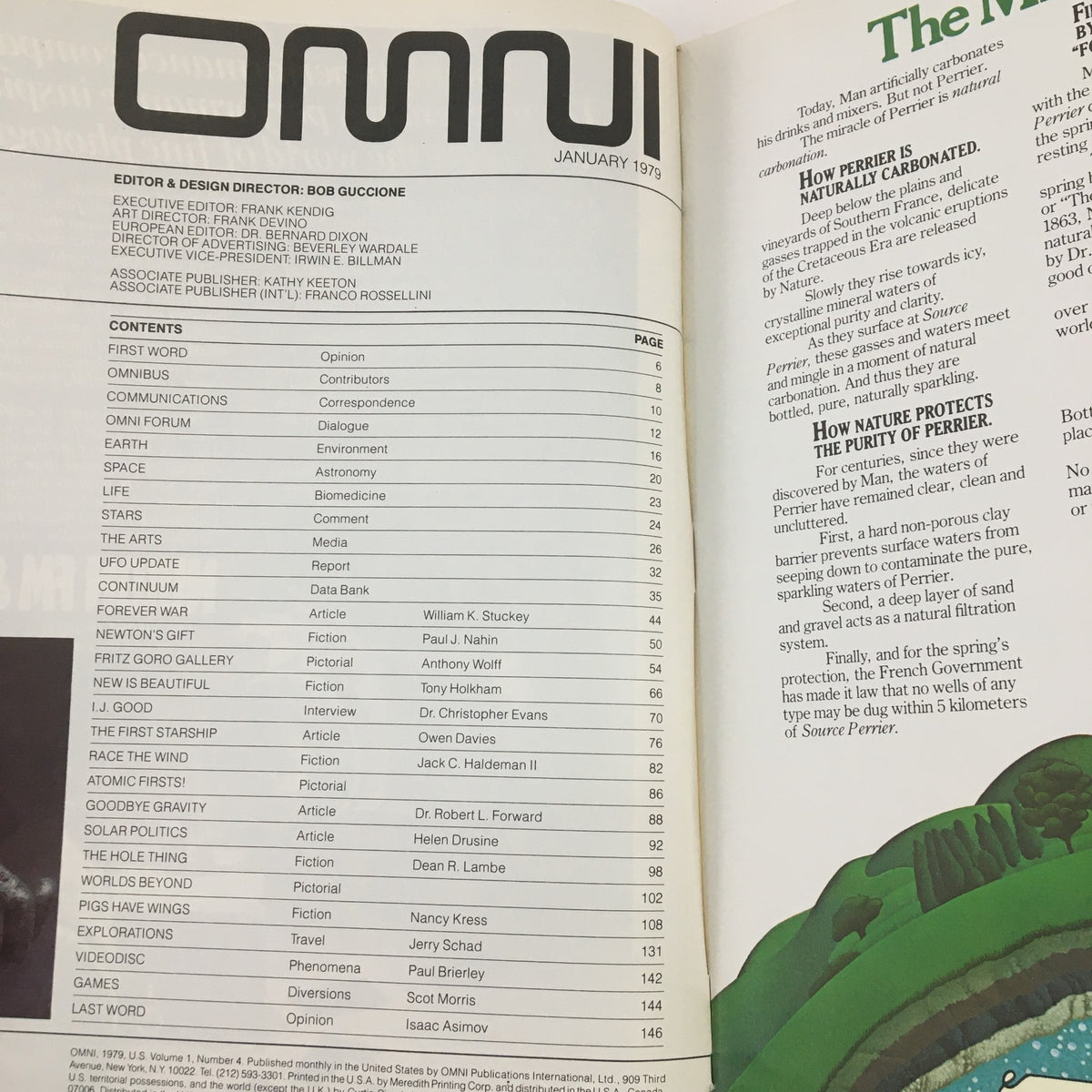 Table of contents from Omni Magazine January 1979, featuring a list of articles including contributions on atomic science and artificial intelligence, reflective of the magazine's innovative spirit.