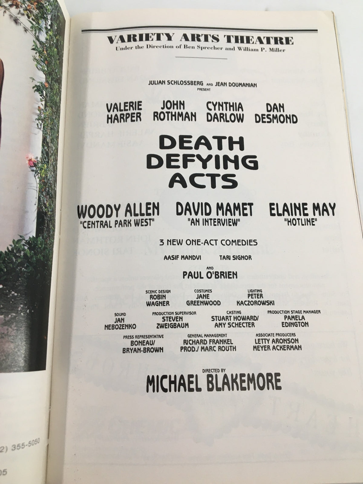 Title page of the 1996 Playbill for Death Defying Acts, featuring Valerie Harper, John Rothman, and other cast members, showcasing the theatrical production at Variety Arts Theatre.