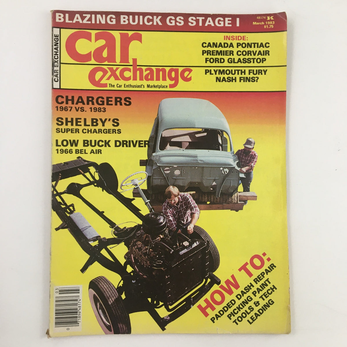 Car Exchange Magazine March 1983 cover featuring articles on Chargers, Shelby cars, and low-budget driving tips, with a background showcasing automotive repair and classic vehicles.