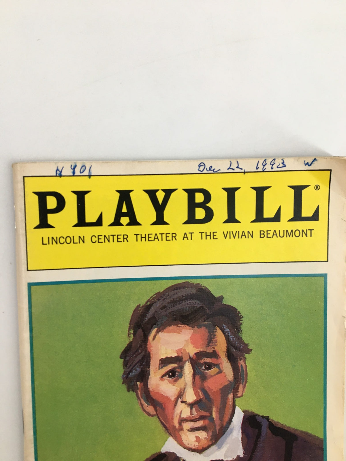 Close-up view of the 1993 Playbill Lincoln Center Theatre showing title and date, highlighting the theatrical production Abe Lincoln in Illinois.