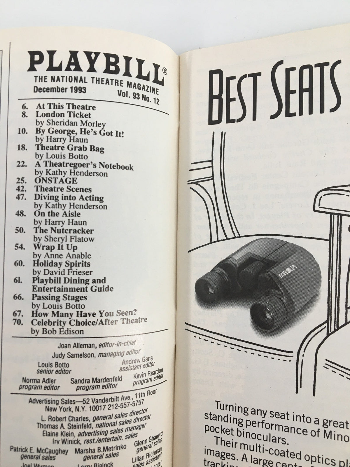 Interior page of the December 1993 Playbill for Lincoln Center Theatre, showcasing advertisements and articles related to theater.
