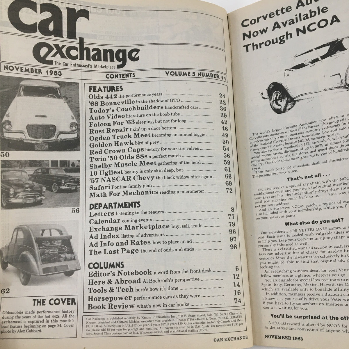 Car Exchange Magazine November 1983 featuring content pages including Oldsmobile, Ford Falcon, and classic car articles.