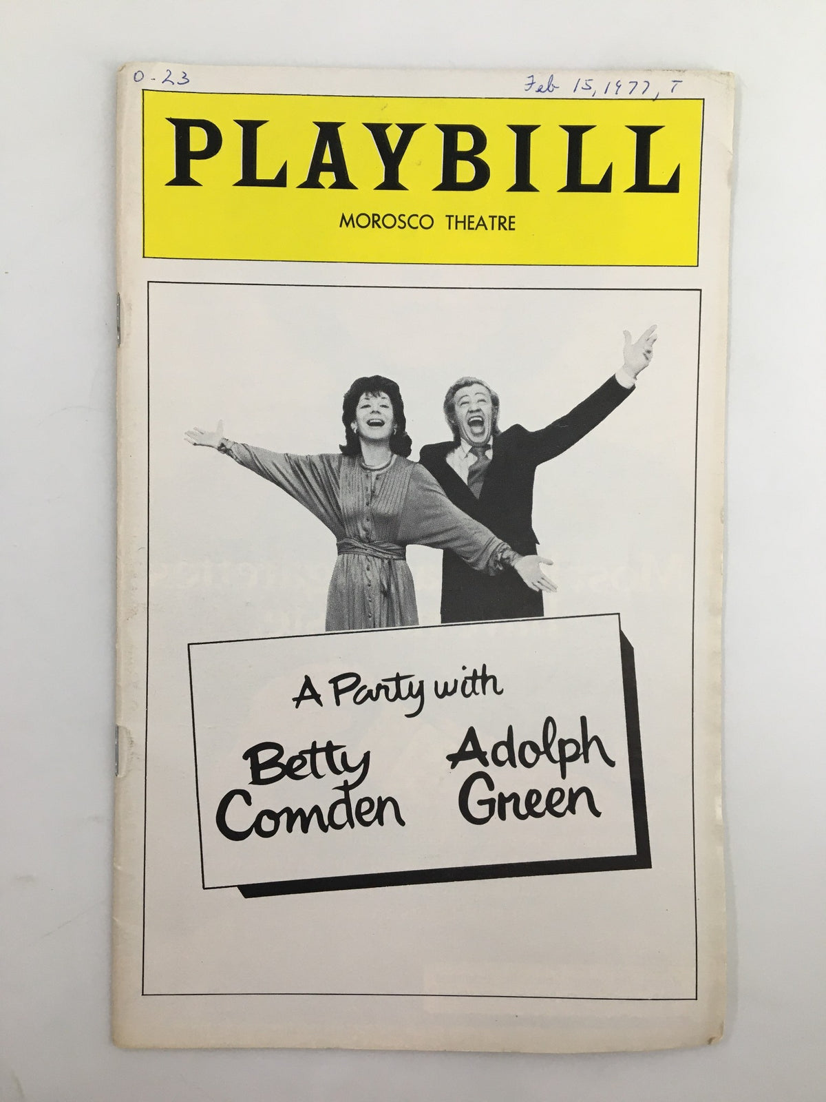 1977 Playbill from The Morosco Theatre for 'A Party With Betty Comden & Adolph Green' featuring captivating black and white imagery of the performers.