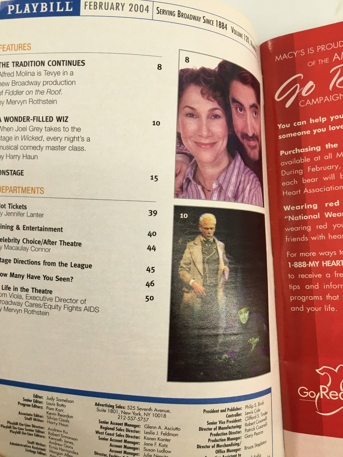 Inside page of the February 2004 Playbill showcasing continued traditions of Broadway and featuring images of performances and actors, highlighting the vibrant Broadway scene.