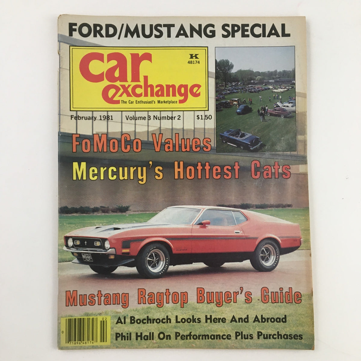 Cover of Car Exchange Magazine February 1981 featuring Mustang Ragtop Buyer's Guide with vintage car images and topics on Ford and Mercury values.