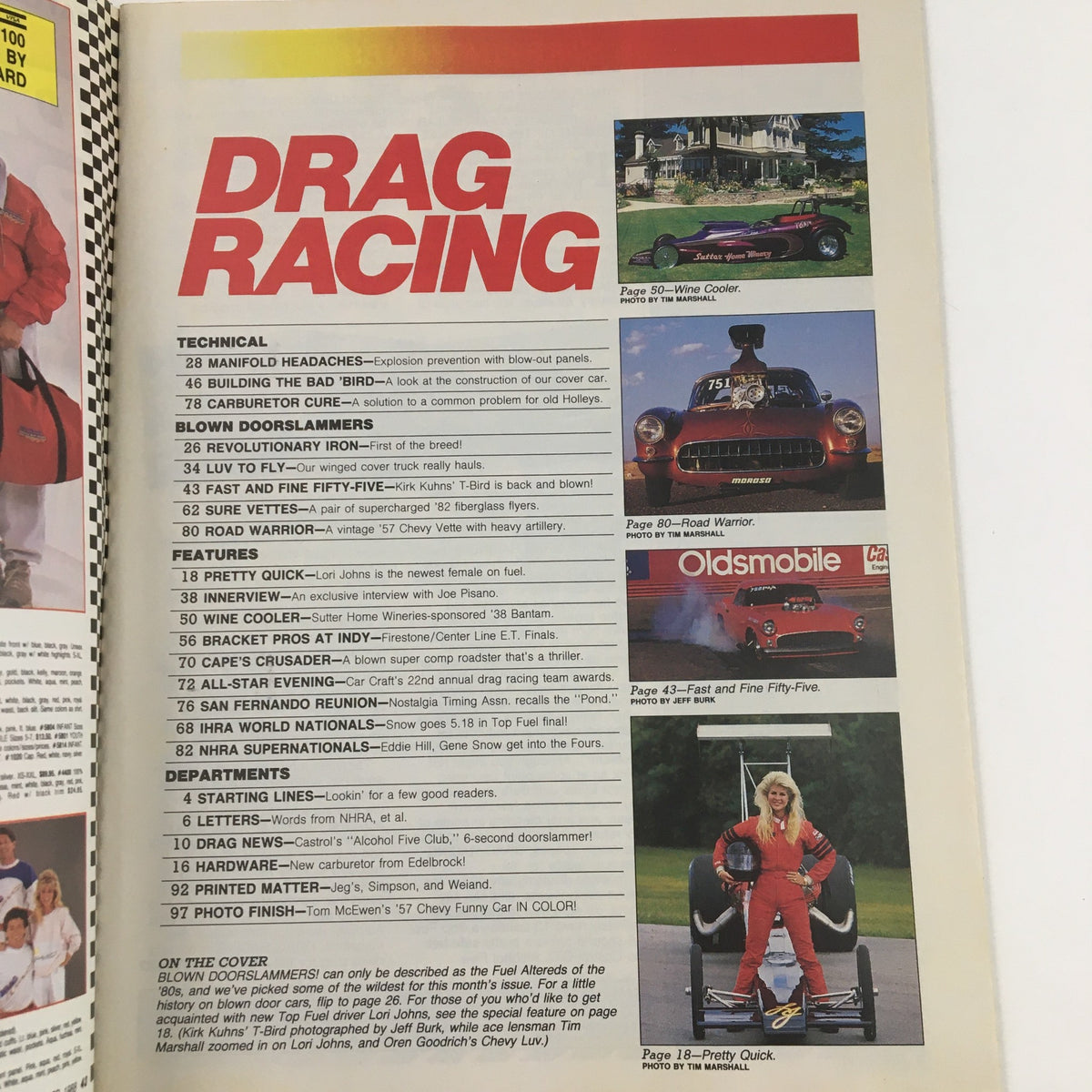 Contents page of Drag Racing Magazine December 1988 highlighting articles including an interview with Joe Pisano and features on drag racing.