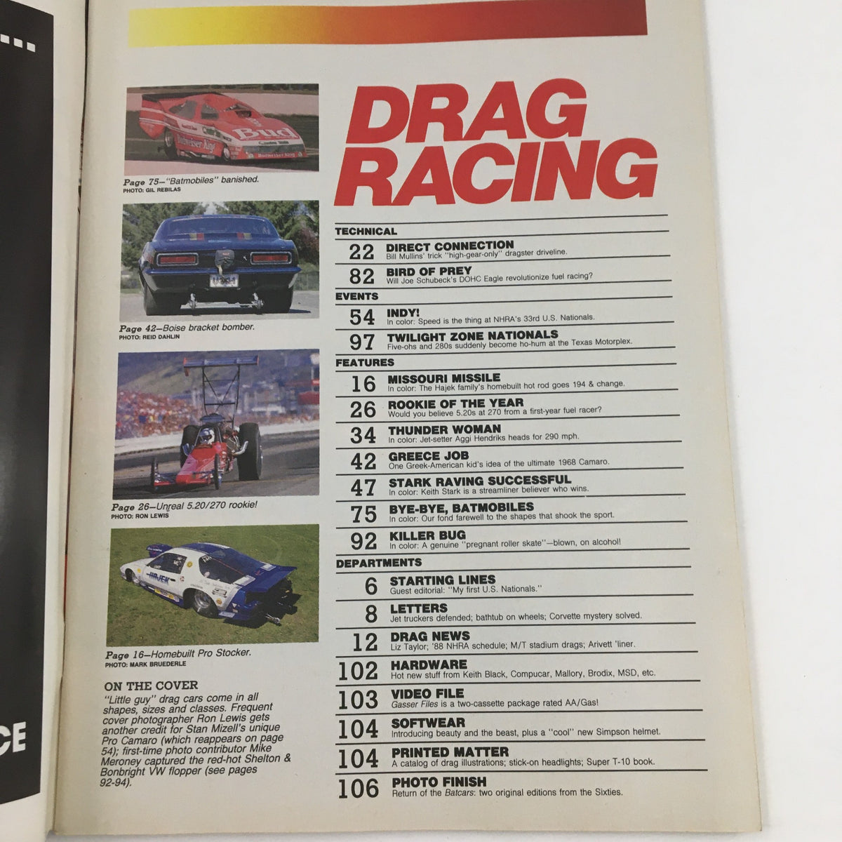 Contents page of Drag Racing Magazine, January 1988, detailing features and articles, including the iconic Pro Camaro and drag racing events of the era.