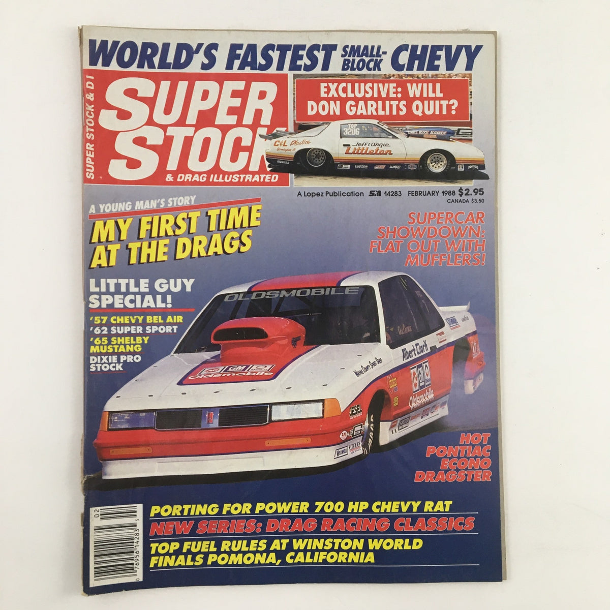 Cover of Super Stock & Drag Illustrated February 1988 featuring hot Pontiac Econo Dragster, alongside headlines like 'Exclusive: Will Don Garlits Quit?' and 'My First Time at the Drags.' A must-have for drag racing enthusiasts.