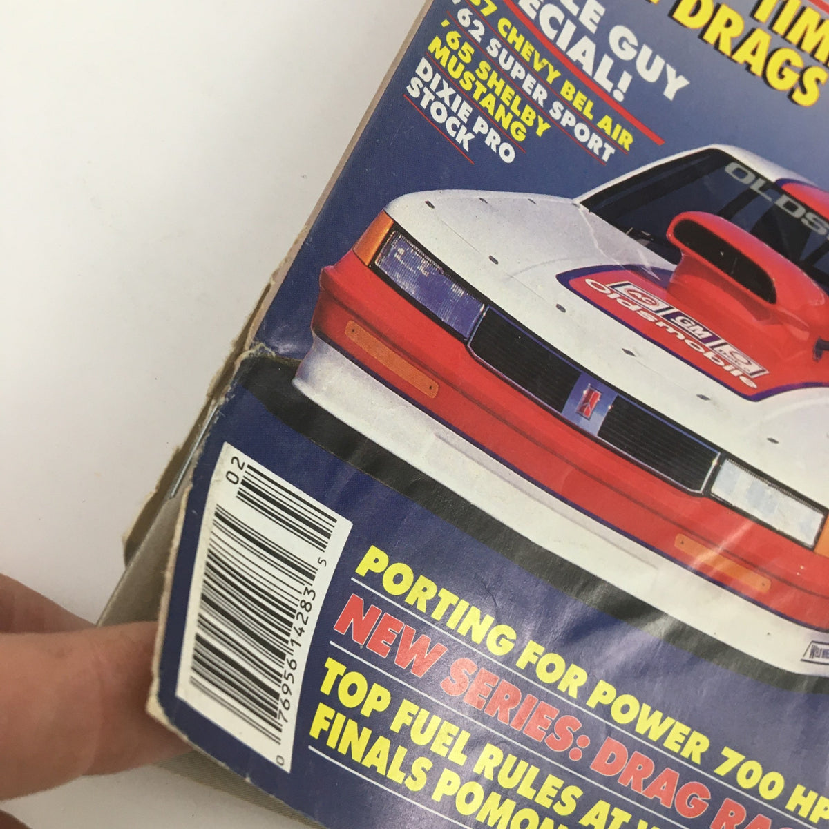Close-up view of the spine of Super Stock & Drag Illustrated February 1988, showcasing the magazine's label and details, highlighting it as a collectible for Pontiac and drag racing fans.