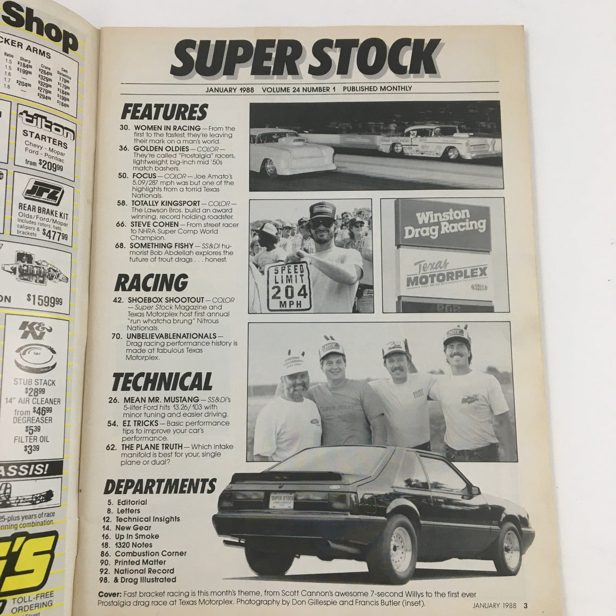 Interior page of Super Stock & Drag Illustrated January 1988, highlighting features and articles about drag racing, including Scott Cannon's Willys and technical insights.