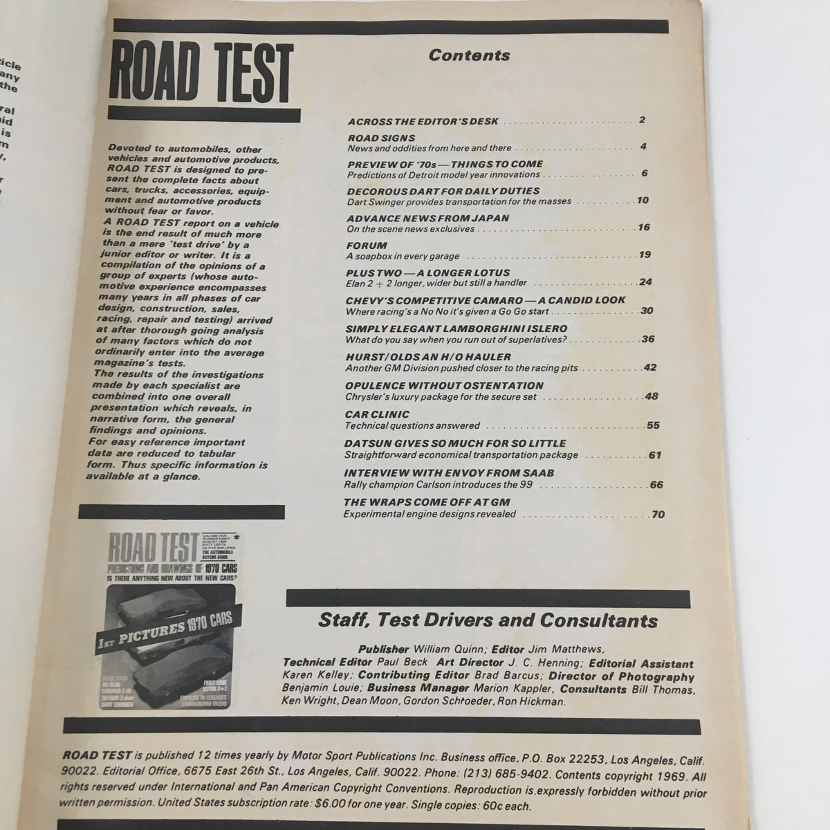 Contents page of Road Test Magazine August 1969, listing articles including Exercise in Elegance Lamborghini Islero.