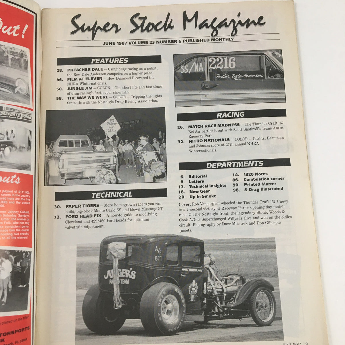 Interior page of Super Stock & Drag Illustrated June 1987, listing features and articles, including topics on automotive racing and performance modifications.