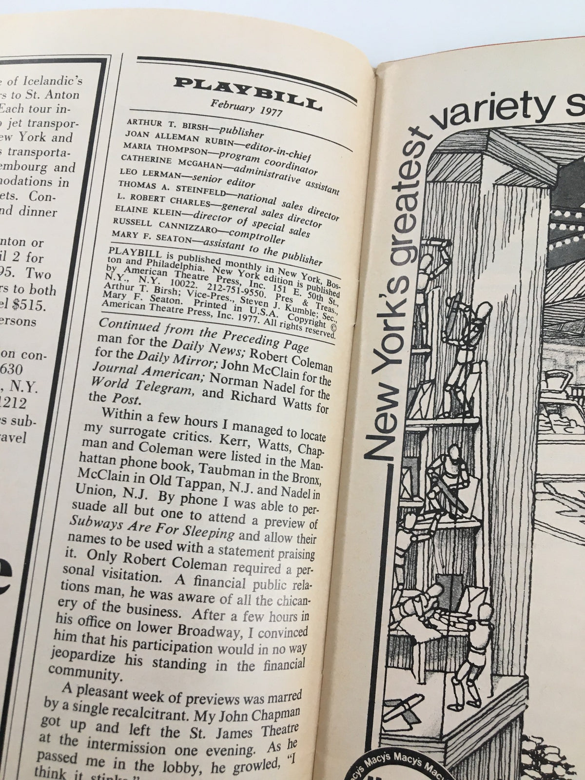 Interior page of the 1977 Playbill for 'The Cherry Orchard,' featuring historical information and advertisements from the era.