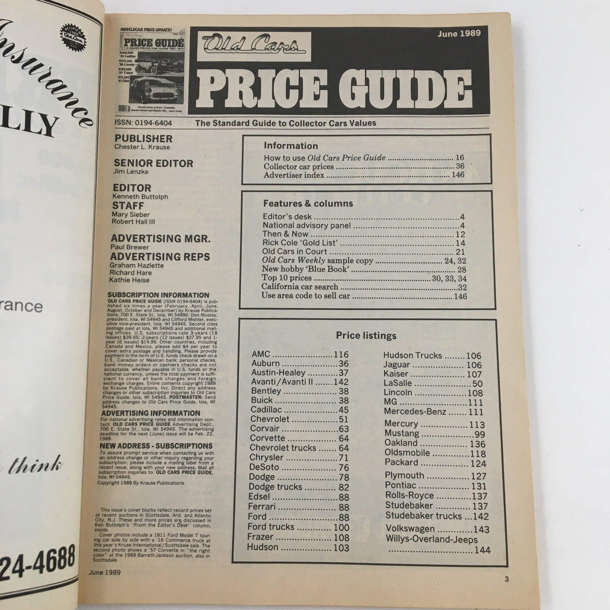 Old Cars Price Guide June 1989 interior page showcasing the editorial team, subscription details, and price listings for classic cars.