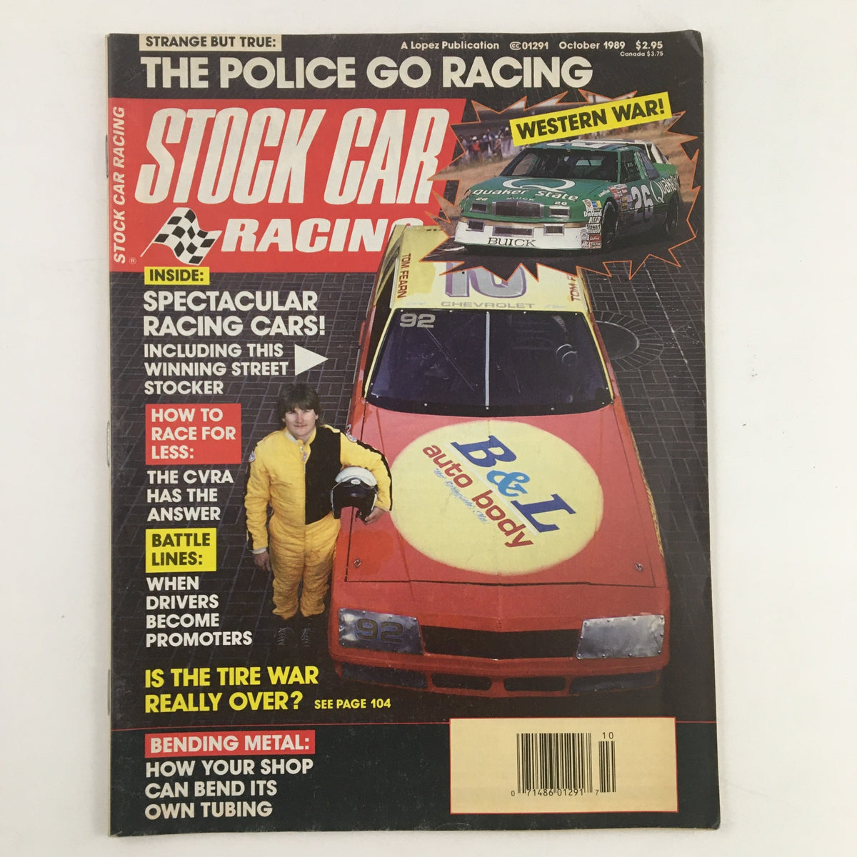 Cover of Stock Car Racing Magazine October 1989 featuring a Chevrolet stock car and a driver in a yellow jumpsuit with the text highlighting 'Western War' and 'Spectacular Racing Cars'.