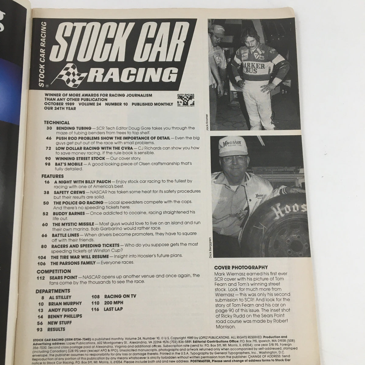 Inside page of Stock Car Racing Magazine October 1989 showing article headings and photography with a focus on racing techniques and safety procedures.