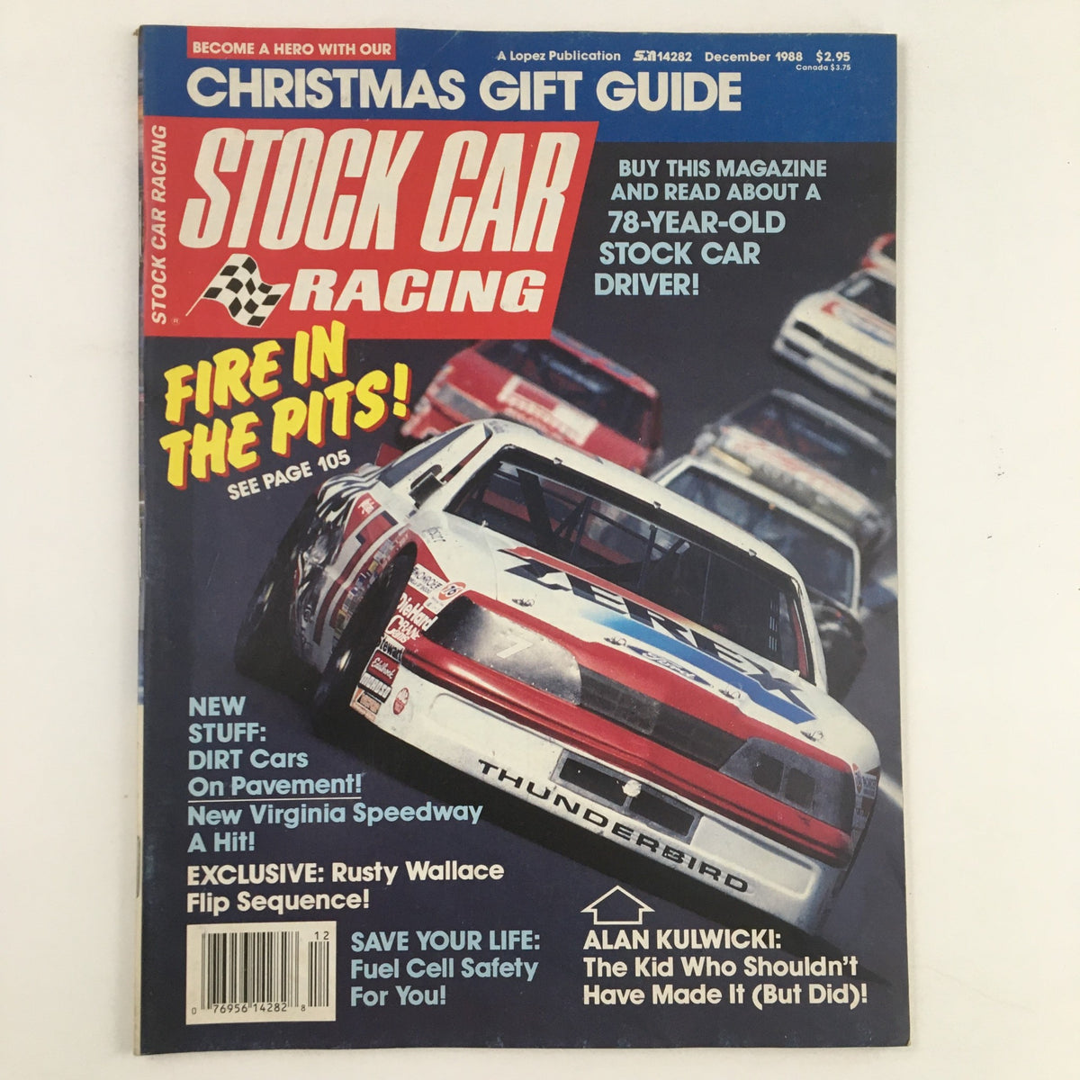 Stock Car Racing Magazine December 1988 cover featuring Alan Kulwicki, showcasing a racing scene with the headline 'Fire in the Pits!' and details about a 78-year-old stock car driver.