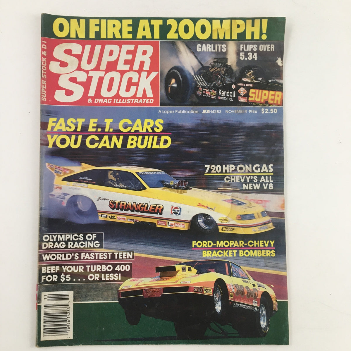 Cover of Super Stock Magazine November 1986 featuring Big Daddy Don Garlits, showcasing headlines about fast E.T. cars, drag racing, and a striking yellow car titled 'Strangler' with detailed text on performance.