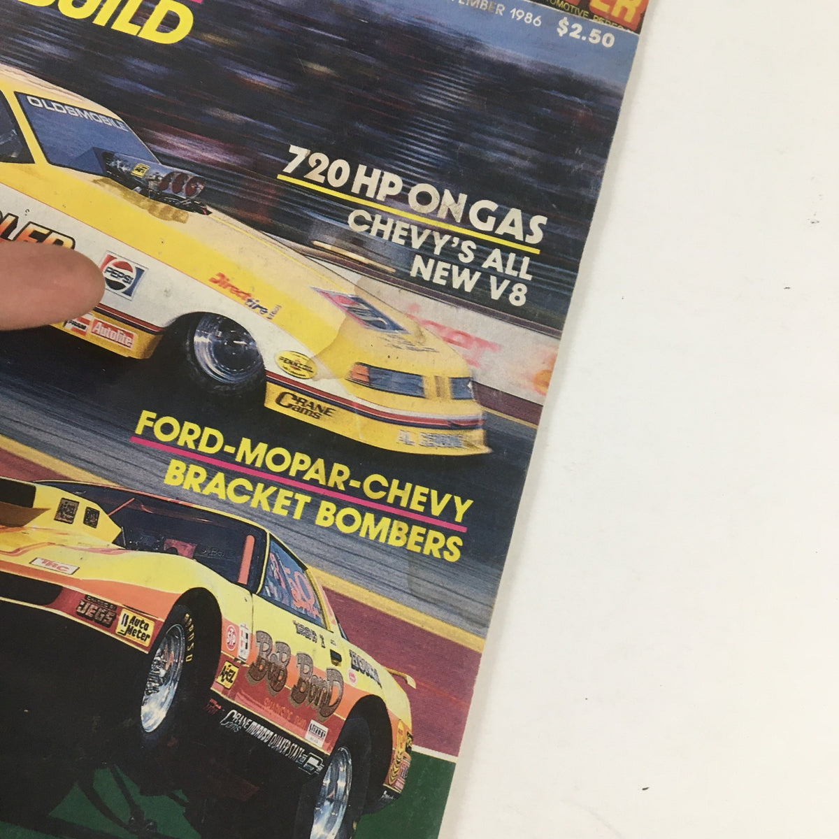 Close-up of the Super Stock Magazine November 1986 cover, emphasizing details about 720 horsepower Chevy V8 engine and Ford-Mopar-Chevy bracket bombers, highlighting Big Daddy Don Garlits.
