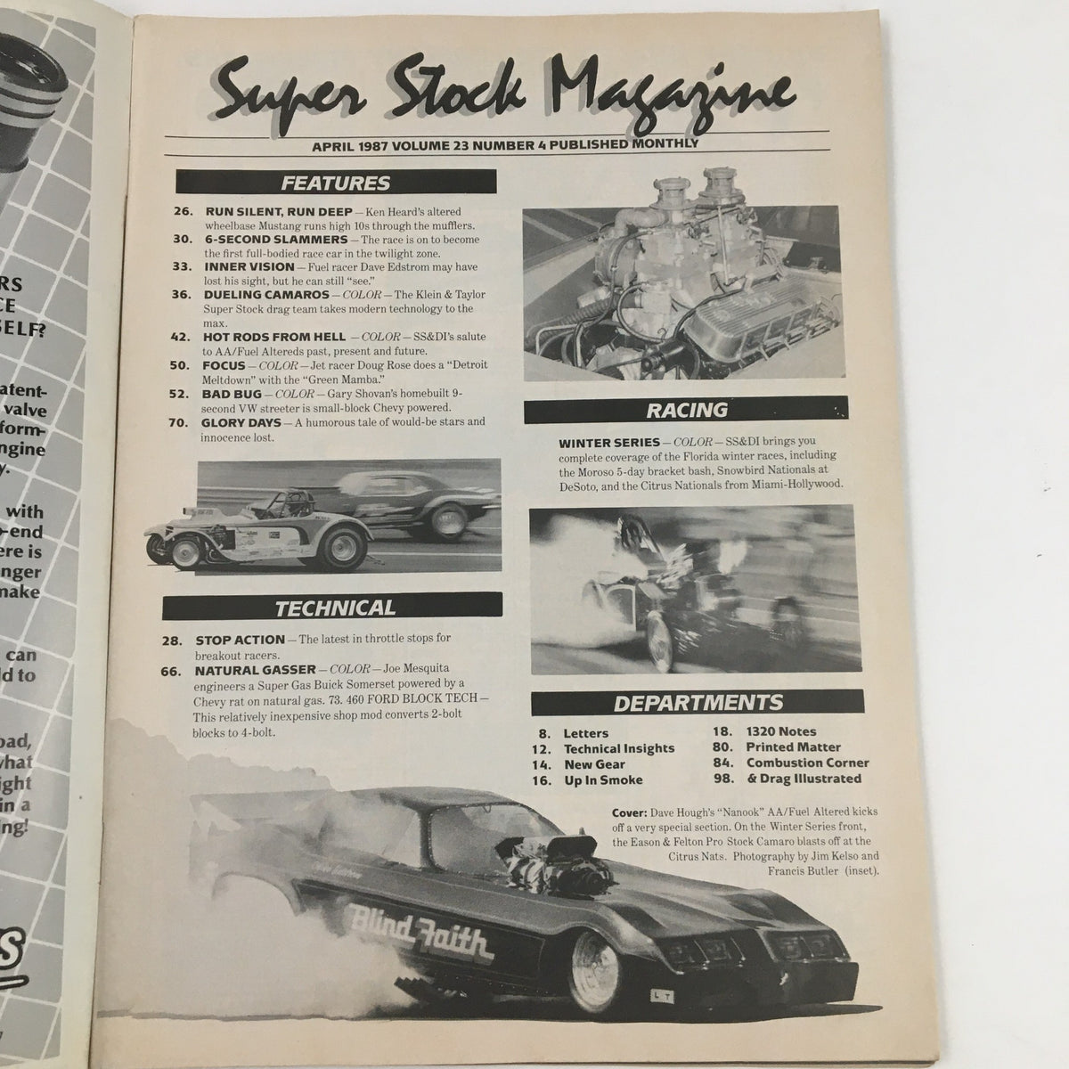 Cover page of Super Stock Magazine April 1987 featuring featured articles, including insights on drag racing and automotive technology. The magazine highlights Dave Hough's 'Nanook' AA Fuel Altered.