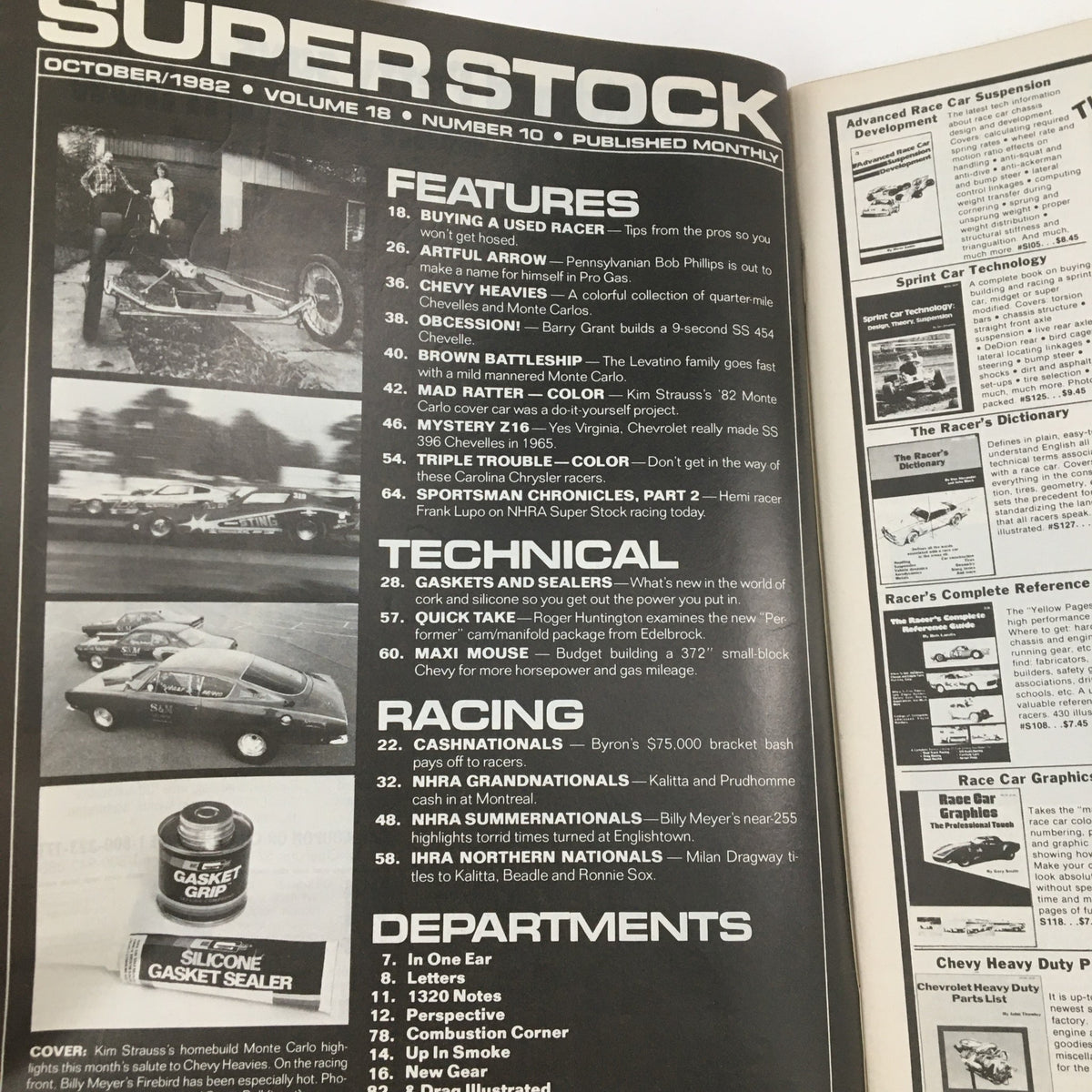 Interior page of Super Stock Magazine October 1982 with feature titles including Kim Strauss's Monte Carlo, showcasing the technical and racing sections.