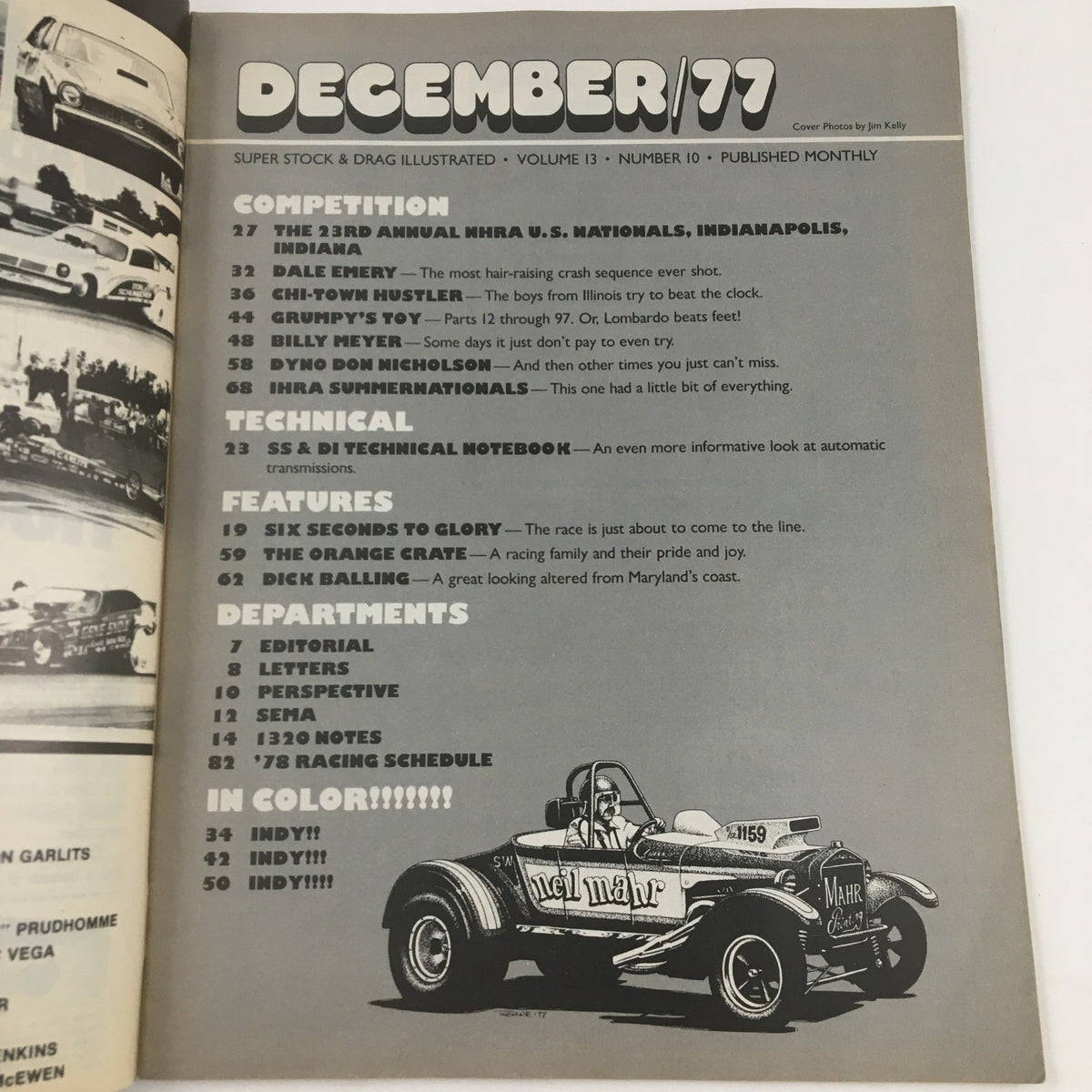 Table of contents from Super Stock Magazine December 1977, showcasing highlights of the issue including articles on drag racing and competition.