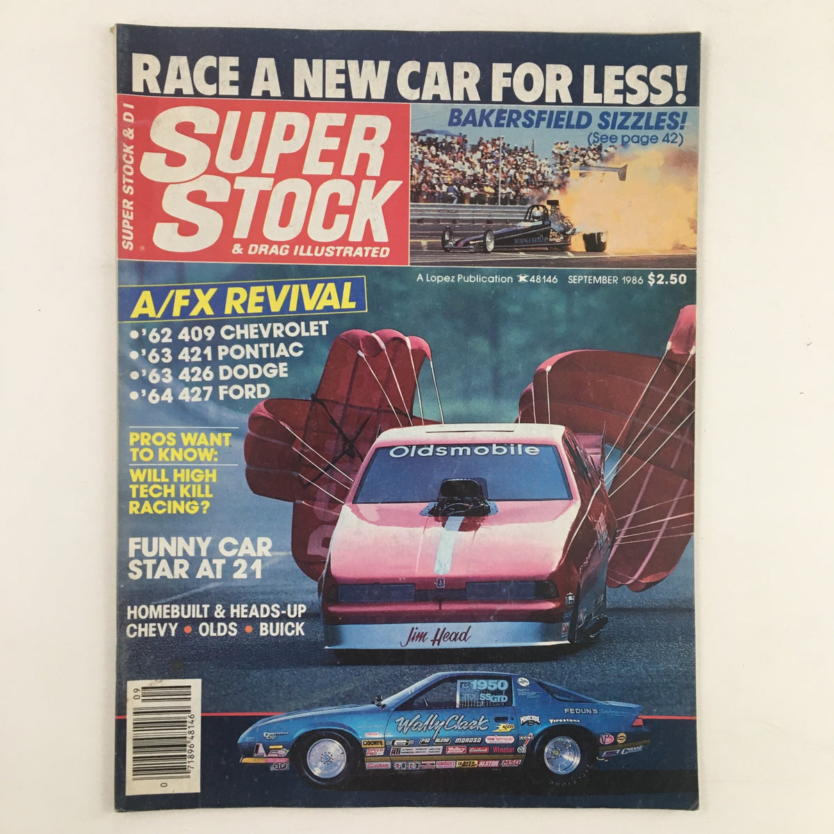 Super Stock Magazine September 1986 featuring Earl Whiting's cover story; the cover showcases a drag racing vehicle with parachutes and highlights the Bakersfield event with bold text.