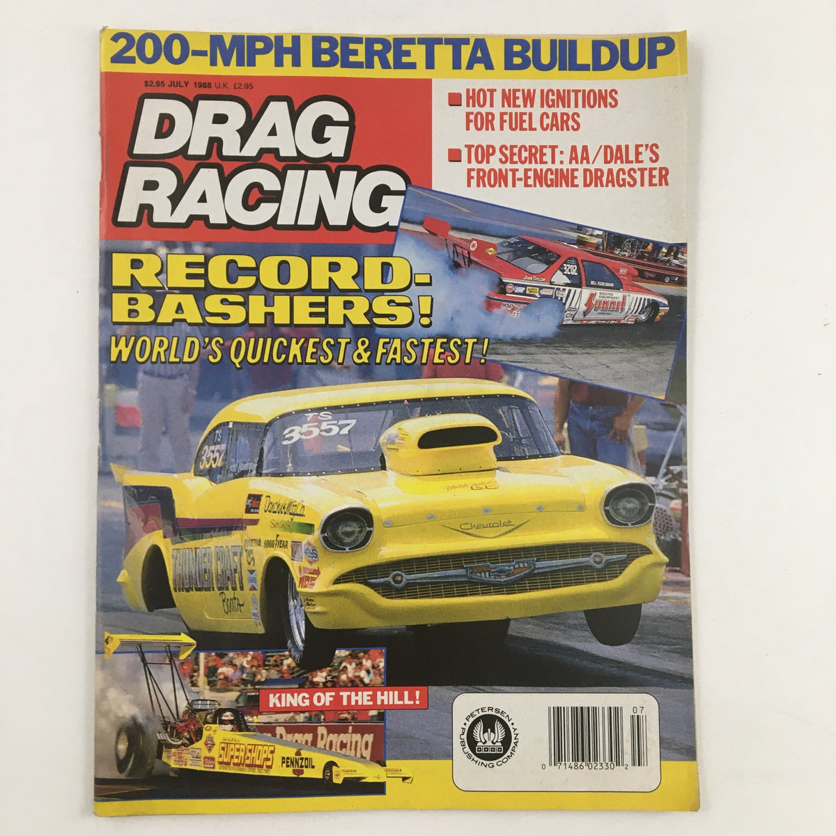 Cover of Drag Racing Magazine July 1988 featuring the World's Quickest Doorslammer '57 Chevy and highlighting key drag racing events and insights.