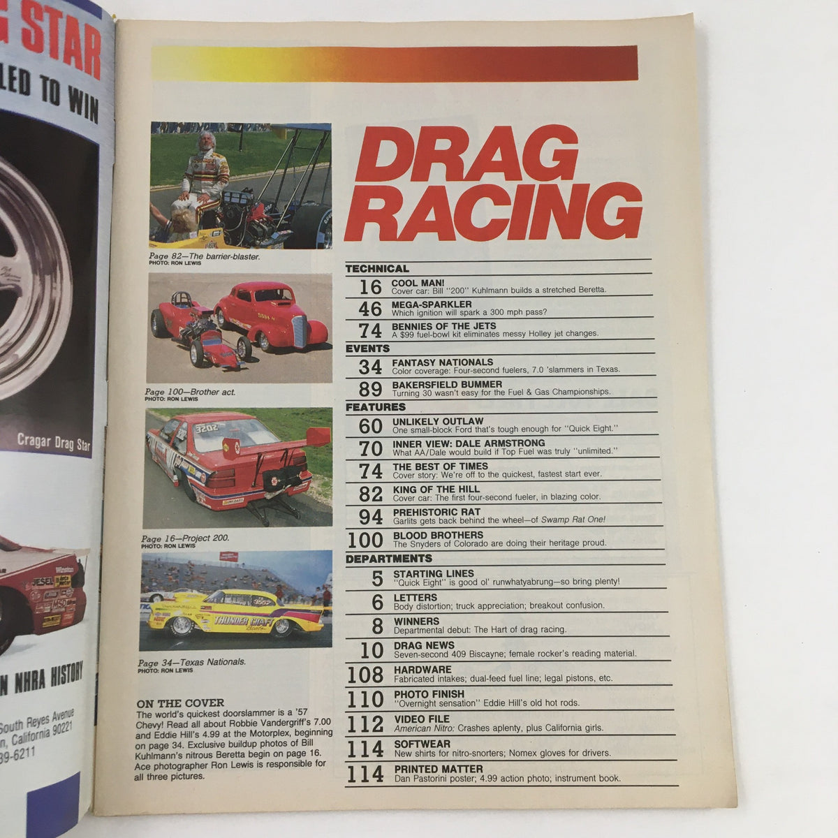 Inside page of Drag Racing Magazine July 1988, displaying contents and featured articles about drag racing, including a focus on iconic racers and cars.