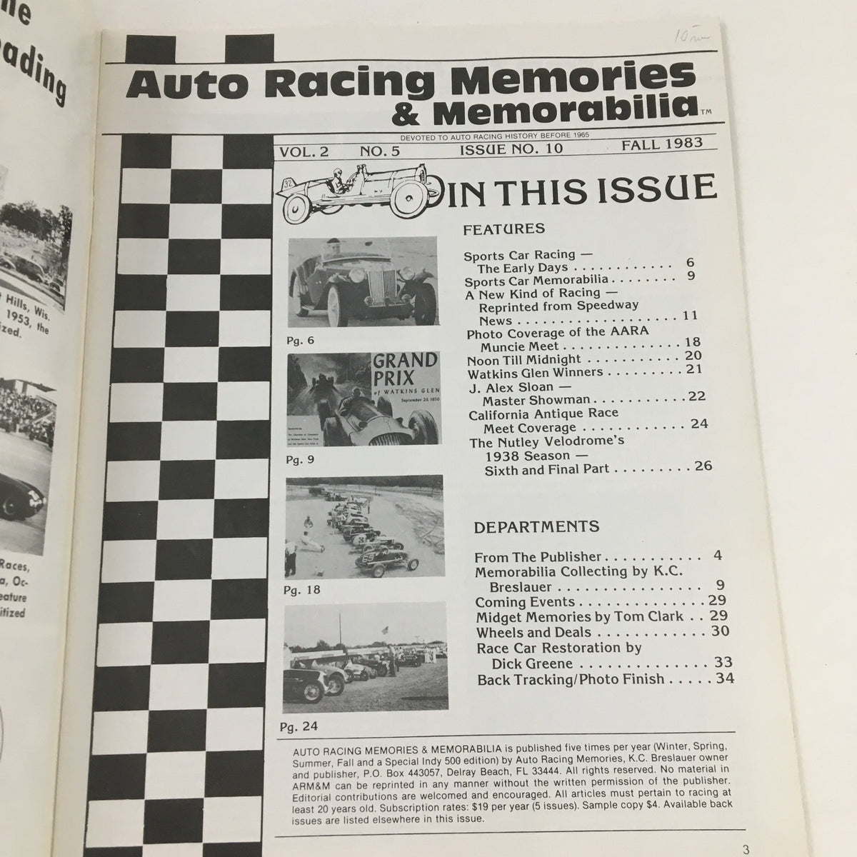 Interior page of Auto Racing Memories & Memorabilia Fall 1983 featuring the table of contents and highlights of significant racing events and articles.